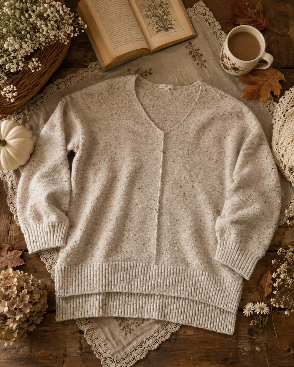 Blu Pepper Cream Speckled V-Neck Pullover Sweater (r1)